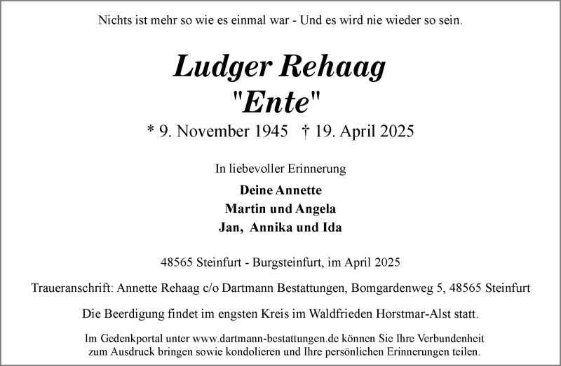  Traueranzeige für Ludger Rehaag vom 26.04.2025 aus 