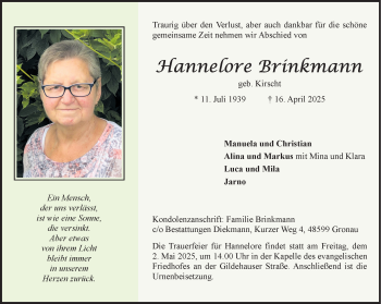 Anzeige von Hannelore Brinkmann 