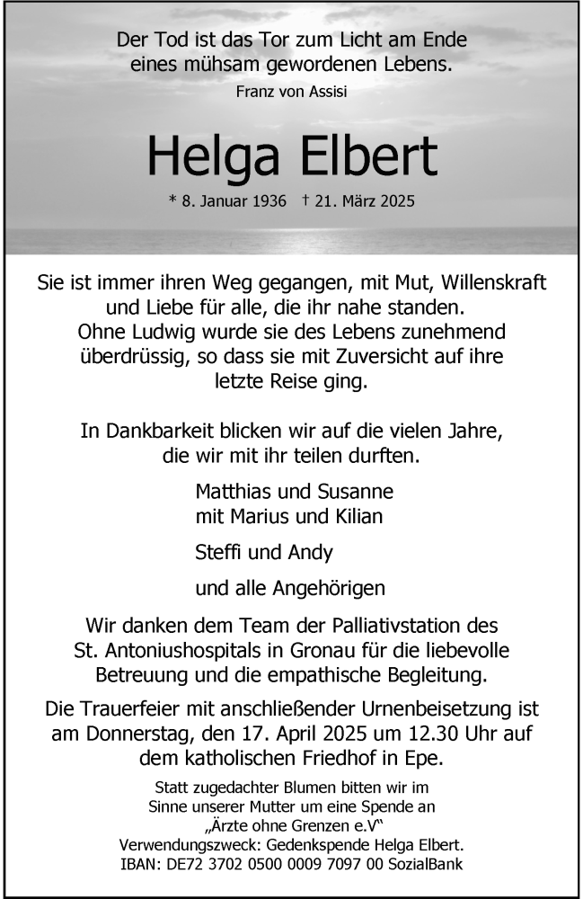  Traueranzeige für Helga Elbert vom 05.04.2025 aus 