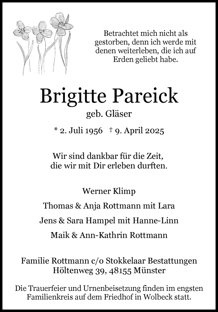  Traueranzeige für Brigitte Pareick vom 19.04.2025 aus 