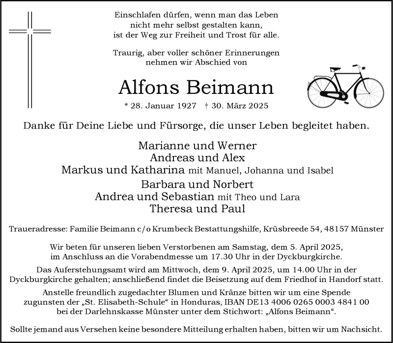  Traueranzeige für Alfons Beimann vom 02.04.2025 aus 