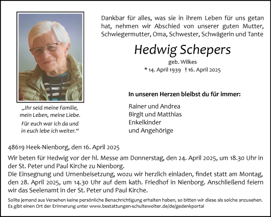 Anzeige von Hedwig Schepers von Westfälische Nachrichten