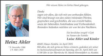 Anzeige von Heinz Ahler 
