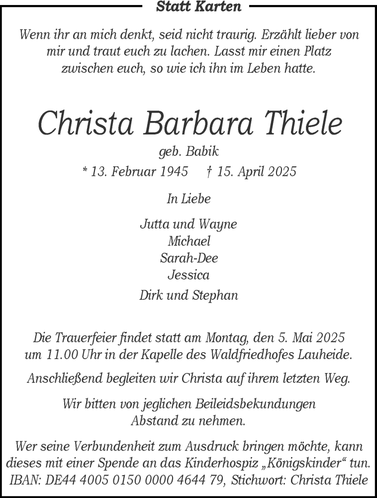  Traueranzeige für Christa Barbara Thiele vom 19.04.2025 aus 
