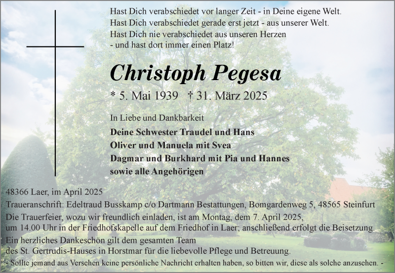  Traueranzeige für Christoph Pegesa vom 04.04.2025 aus 
