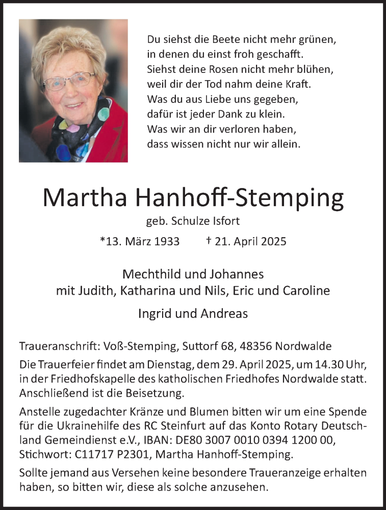  Traueranzeige für Martha Hanhoff-Stemping vom 26.04.2025 aus 