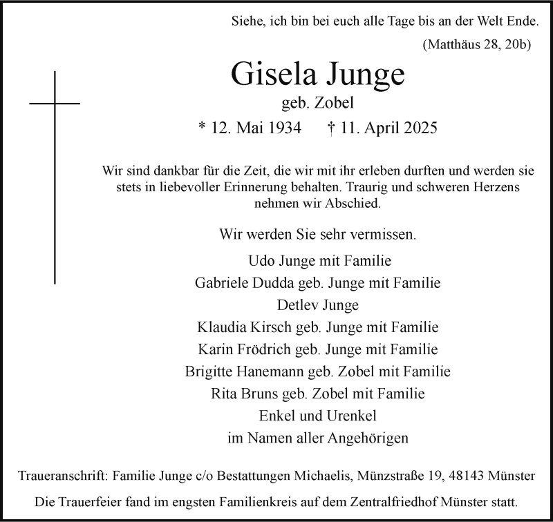  Traueranzeige für Gisela Junge vom 19.04.2025 aus 