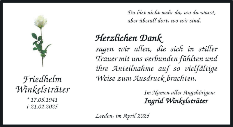  Traueranzeige für Friedhelm Winkelsträter vom 19.04.2025 aus 