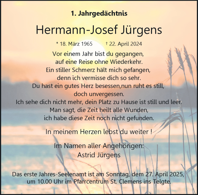  Traueranzeige für Hermann-Josef Jürgens vom 19.04.2025 aus 