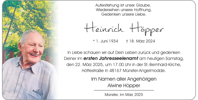  Traueranzeige für Heinrich Höpper vom 22.03.2025 aus 