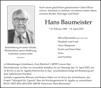 Anzeige von Hans Baumeister 