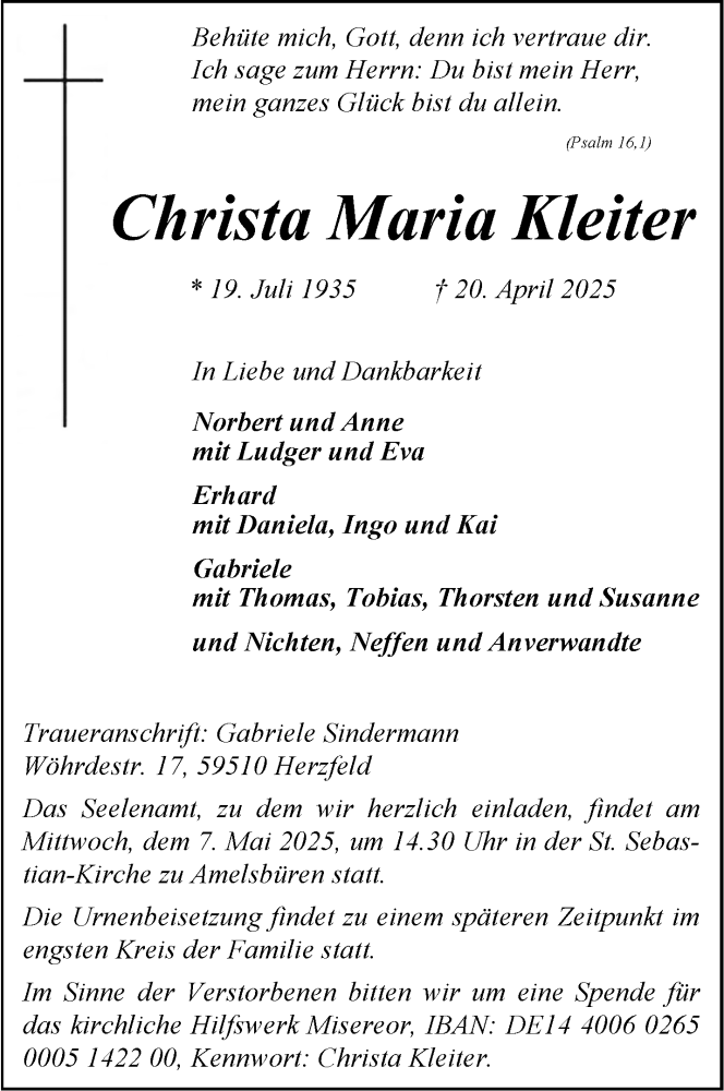  Traueranzeige für Christa Maria Kleiter vom 30.04.2025 aus 