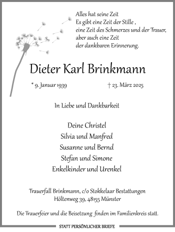 Anzeige von Dieter Karl Brinkmann 