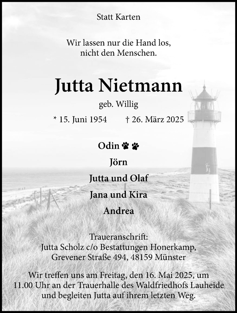  Traueranzeige für Jutta Nietmann vom 19.04.2025 aus 