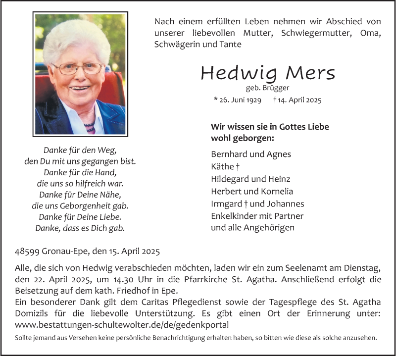  Traueranzeige für Hedwig Mers vom 19.04.2025 aus 