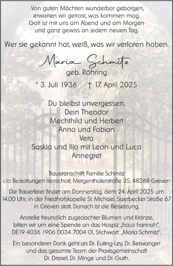 Anzeige von Maria Schmitz 