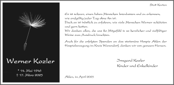 Anzeige von Werner Kozler 