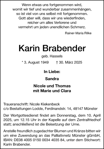 Anzeige von Karin Brabender 