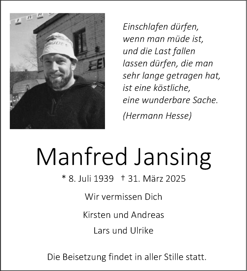  Traueranzeige für Manfred Jansing vom 05.04.2025 aus 