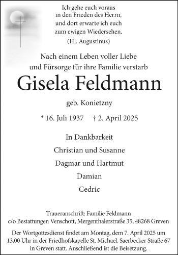 Anzeige von Gisela Feldmann 
