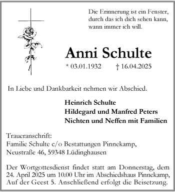 Anzeige von Anni Schulte 