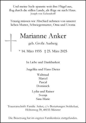 Anzeige von Marianne Anker 