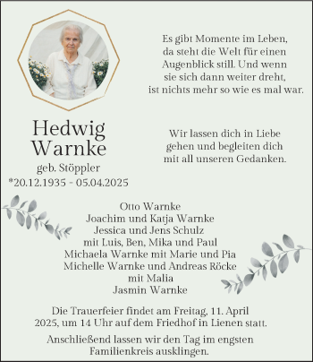 Anzeige von Hedwig Warnke 