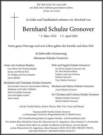 Anzeige von Bernhard Schulze Gronover 