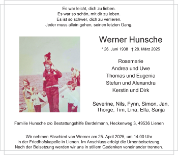 Anzeige von Werner Hunsche 