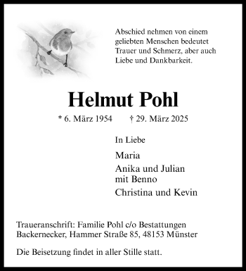 Anzeige von Helmut Pohl 