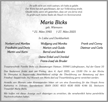 Anzeige von Maria Bicks 