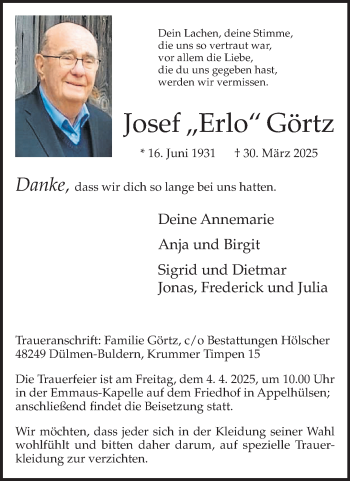 Anzeige von Josef Görtz 