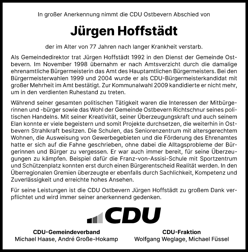  Traueranzeige für Jürgen Hoffstädt vom 05.04.2025 aus 