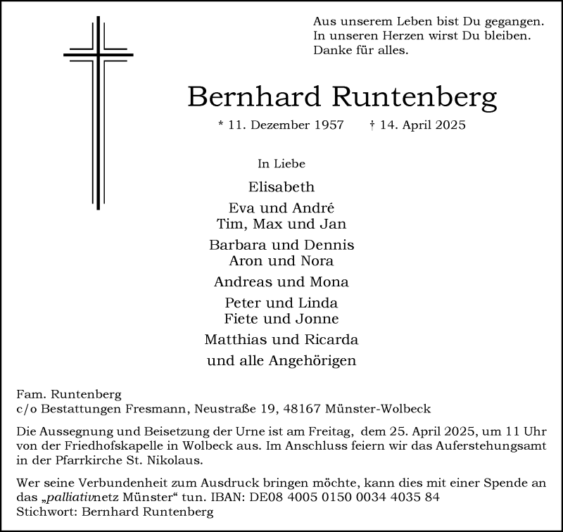  Traueranzeige für Bernhard Runtenberg vom 19.04.2025 aus 