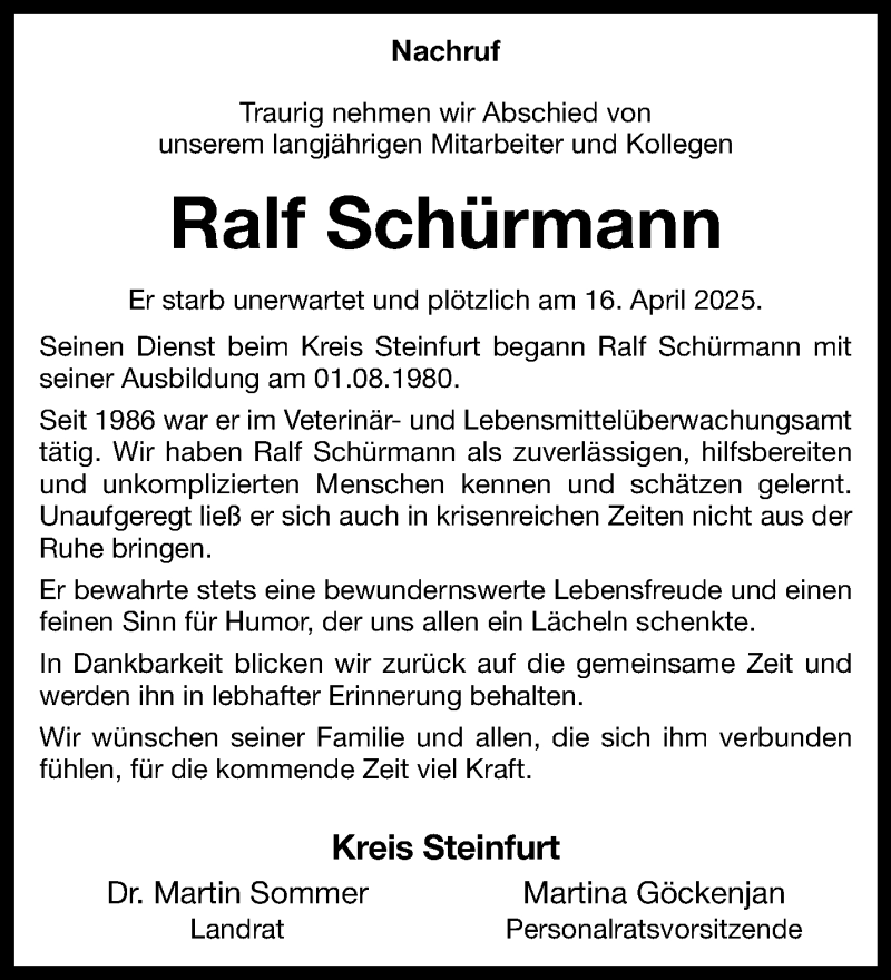  Traueranzeige für Ralf Schürmann vom 25.04.2025 aus 