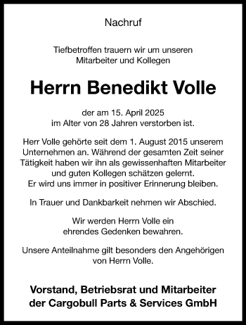 Anzeige von Benedikt Volle 