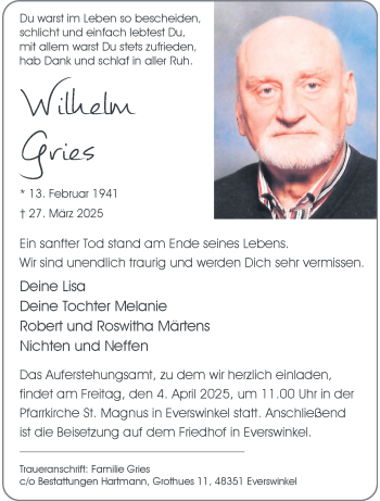 Anzeige von Wilhelm Gries 