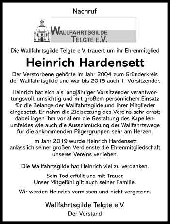 Anzeige von Heinrich Hardensett 