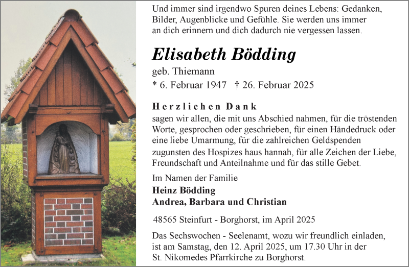  Traueranzeige für Elisabeth Elisabeth Bödding (geb. Thiemann) vom 05.04.2025 aus 