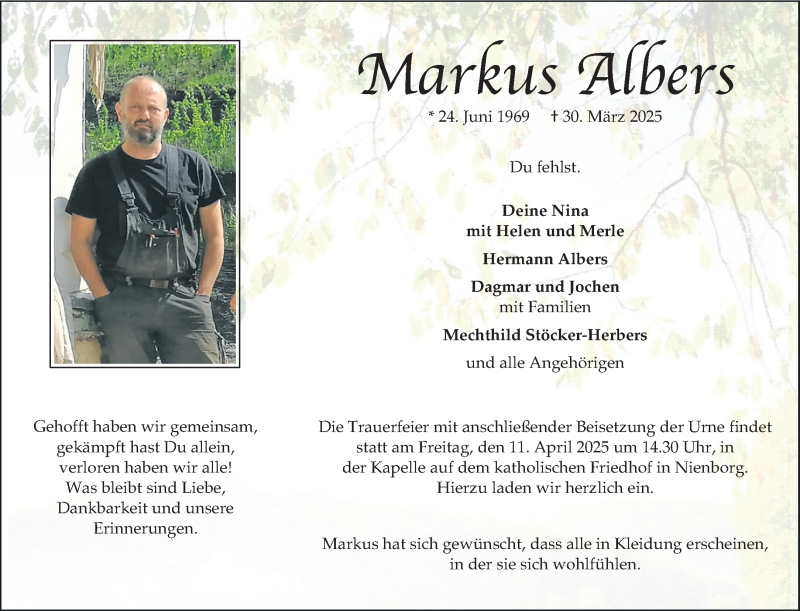  Traueranzeige für Markus Albers vom 05.04.2025 aus 