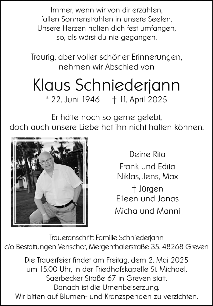  Traueranzeige für Klaus Schniederjann vom 26.04.2025 aus 