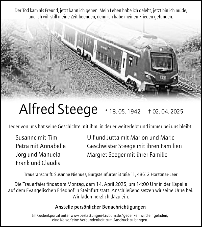  Traueranzeige für Alfred Steege vom 05.04.2025 aus 