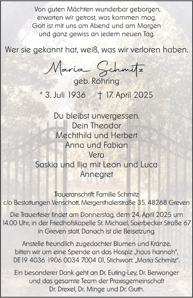  Traueranzeige für Maria Schmitz vom 23.04.2025 aus 