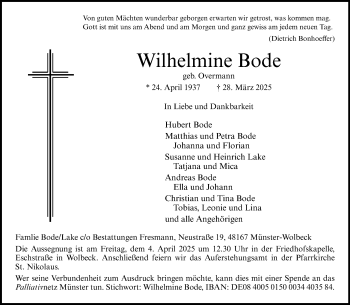 Anzeige von Wilhelmine Bode 
