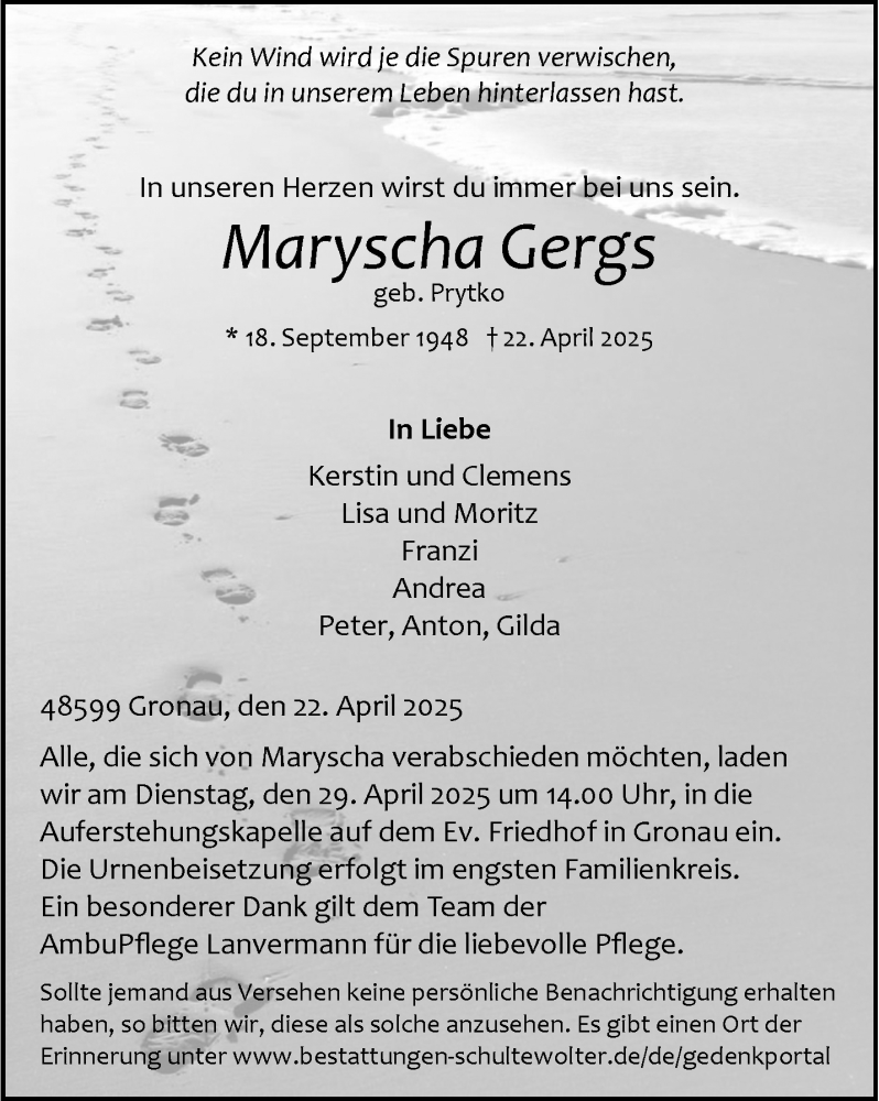  Traueranzeige für Maryscha Gergs vom 26.04.2025 aus 