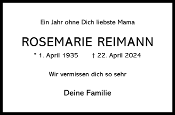 Anzeige von Rosemarie Reimann 