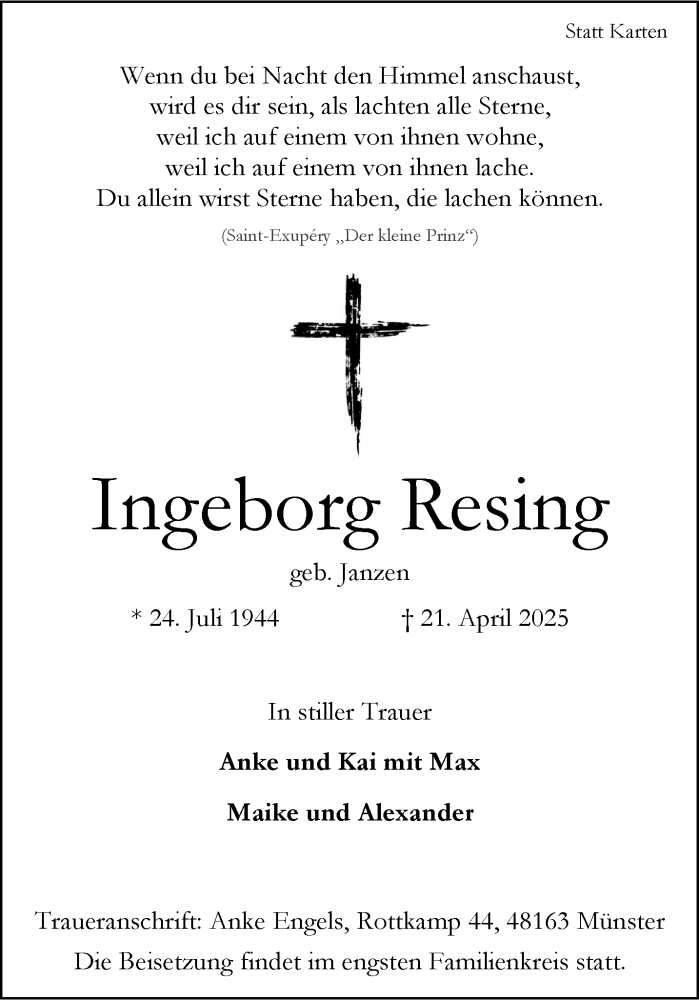  Traueranzeige für Ingeborg Resing vom 26.04.2025 aus 