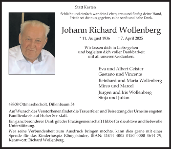 Anzeige von Johann Richard Wollenberg 