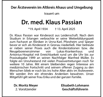 Anzeige von Dr. med. Klaus Passian 