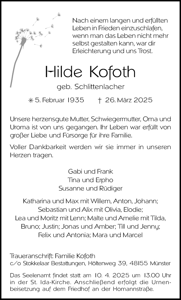  Traueranzeige für Hilde Kofoth vom 05.04.2025 aus 